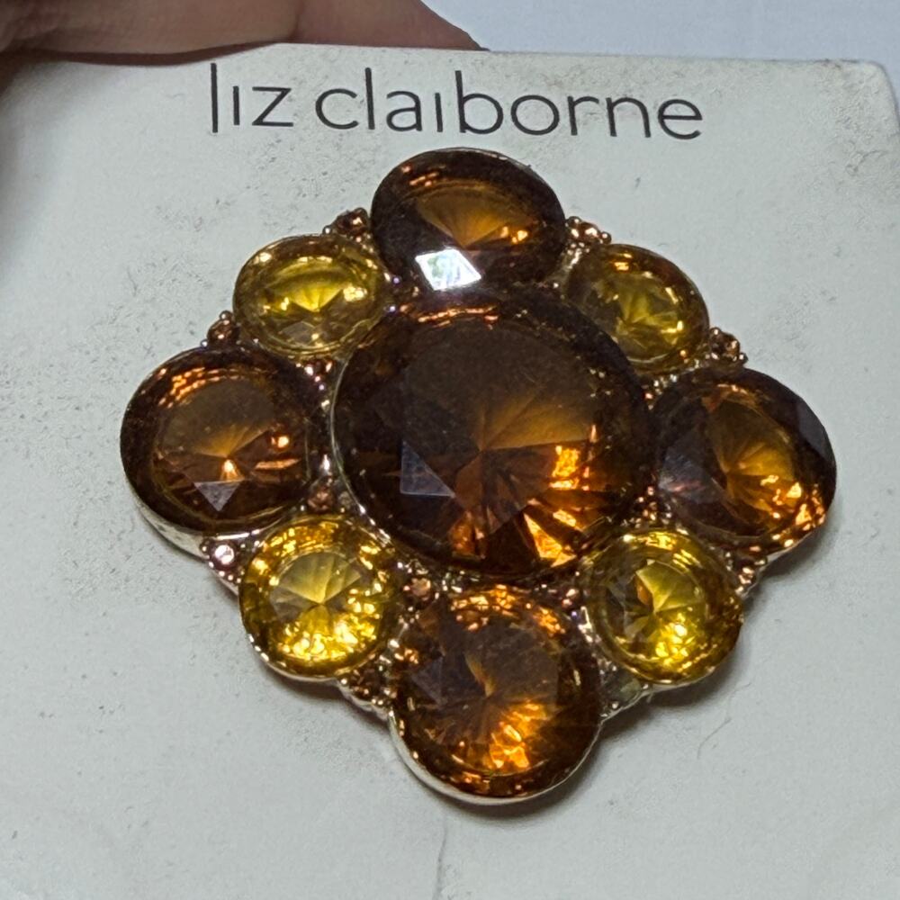 Liz Claiborne Brooch Amber Rhinestone Gold Tone Statement Pin Vintage fashion